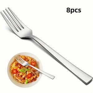 TEMU 8개 스테인리스 스틸 식기 포크 세트, 튼튼하고 내구성이 뛰어나며, 현대적인 사각 손잡이 디자인, 레스토랑, 호텔, 파티, 크리스마스, 추수감사절, 새해 및 Eid Al-Fitr 축하 행사에 적합, 식기세척기 사용 가능