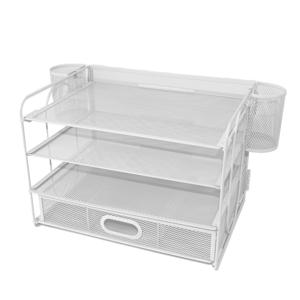 TEMU 4단 트레이 탁상용 파일 정리함 겸 펜 홀더 | 서랍과 2개의 펜 홀더가 있는 용지 레터 트레이 | 메쉬 사무용품 책상 정리함 (블랙)