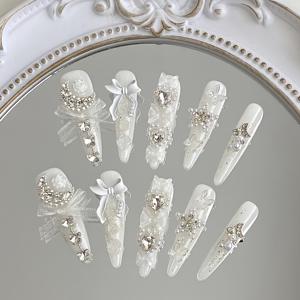 TEMU 핸드메이드 순백색 라이트 럭셔리 감동적인 분위기 눈꽃 성격 웨딩 드레스 가을/겨울 착용 가능한 네일 아트