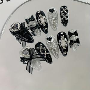 TEMU 핸드메이드 Y2K 스위트 & 쿨 아몬드 프레스온 네일, 글리터 리본, 하트, 십자가 & 라인스톤 - 중간 길이, 블랙 & 클리어 디자인, 트렌디한 매니큐어, 네일 아트 용품