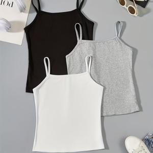 TEMU 3개, 어린이 여아용 단색 신축성 있는 심플 캐미솔 베이스 레이어 상의, 스포츠 및 캐주얼웨어용 여아 패셔너블 아우터웨어