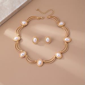 TEMU 목걸이 + 귀걸이 세트, 여성용 코트 스타일 주얼리, 타원형 기하학 디자인, 캐주얼 복장 및 선물용으로 완벽