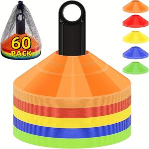 TEMU 경량 축구 콘 60개/30개, 휴대용 가방 및 홀더 포함 민첩성 디스크 스포츠 콘, 훈련용 플라스틱 축구공 콘, 스포츠 훈련, 농구, 코칭, 연습 장비, 5가지 색상