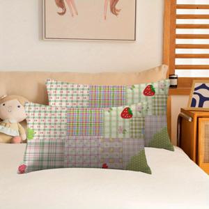 TEMU 2개 세트 러스틱 스트로베리 패치워크 베개커버, 홈 데코 롱 베개 커버 소파 거실 장식용 등받이 커버, 지퍼 탈부착 및 세탁 가능 (베개 내장 불포함)