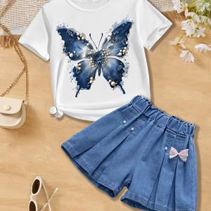 TEMU 1 여성용 반팔 티셔츠 - 나비 프린트 크루넥 캐주얼 탑, 밝은 블루와 화이트 플로럴 패턴, 부드럽고 통기성 좋은 니트 소재, 봄/여름/가을 시즌, 손세탁 쉬운 데님 쇼츠 트렌디한 청소년 의류