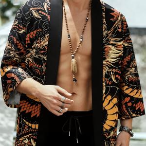 TEMU 남성 캐주얼 기모노 스타일 오픈 셔츠 - 루즈핏, 드래곤 토템 프린트, 가벼운 여름 해변 커버업, 세탁기 또는 손세탁 가능, 불투명, 여행, 휴가 및 레저에 적합. 사이즈 가이드를 주의 깊게 확인하십시오, 중국 사이즈