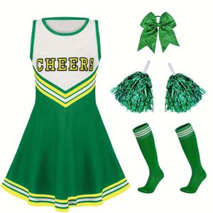 TEMU 여성용 그린 치어리딩 의상 6종 세트 (리본 곱창, 치어 폼폼, 양말 포함), 뮤지컬, 할로윈 행사, 스포츠 경기, 야외 쇼에 적합