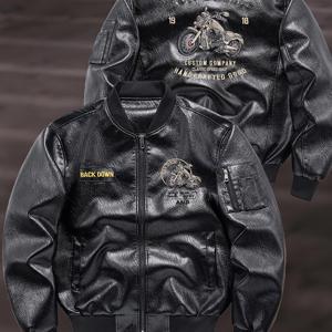 TEMU 남성 빈티지 자수 재킷 - 라이더 자수, 캐주얼 야구 스타일, 편안한 지퍼 칼라, 긴소매 코트, 일상복, 라이딩 의류 | 스탠드 칼라 재킷 | 파일럿 재킷