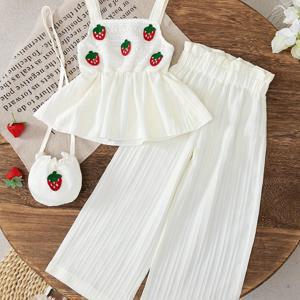 TEMU 딸기 레이스 디테일의 러플 헴 탱크 탑과 우아한 와이드 레그 팬츠가 특징인, 여아용 패셔너블한 투피스 세트. 외출 및 모임, 야외 활동에 적합합니다.