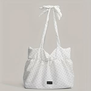 TEMU 여성용 리턴 투 스쿨 한국 스타일 물방울 무늬 가방, 대용량, 접이식, 대학생 출퇴근 및 외출에 적합, 싱글 숄더 학생 토트백, 드로스트링 구름 가방의 러플 스커트