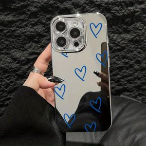 TEMU 휴대폰 케이스 - 개인 맞춤형 블루 라인 하트 패턴 거울 휴대폰 케이스 (아이폰 16Promax/16E/15Pro/14Plus/13/12/11Pro 호환), 낙하 방지 및 내구성, 스타일리시 디자인, 고급스러운 하이엔드 보호 케이스