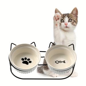 TEMU 고양이 귀 발톱 디자인 내구성 스탠드 포함 펫 피더 더블 볼, 실내외 사용 가능한 강아지 고양이 사료 그릇, 반려동물 애호가 선물