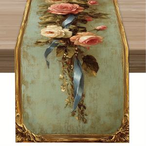 TEMU 1개 리프 텍스처 테이블 러너 - 빈티지 롱 프린트 & 리프트 텍스처, 입구, 식탁, 웨딩, 연회용 - 우아한 폴리에스터 소재