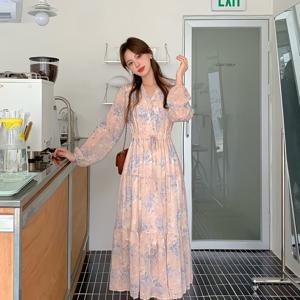 TEMU 여성용 슈퍼 엘레강트 V넥 시폰 드레스, 미디 프렌치 스타일 롱 슬리브 플로럴 프린트 스위트 템퍼먼트 드레스