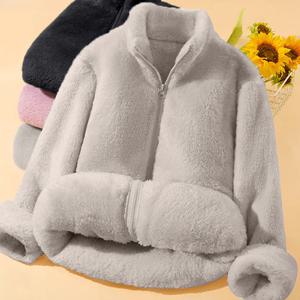 TEMU 우아하고 트렌디한 여성용 벨벳 가디건, 스탠드 칼라, 두꺼운 따뜻함, 소프트한 플러시 아우터, 겨울을 위한 칼리지 스타일