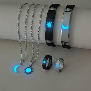 TEMU 여성을 위한 'I LOVE YOU' 문구가 새겨진 야광 커플 목걸이, 팔찌, 반지 6종 세트. 발렌타인데이 고백에 완벽합니다.