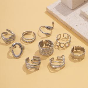TEMU 9개 패션 스테인리스 스틸 반지 | 심플한 속이 빈 기하학적 디자인, 쌓을 수 있음, 여성에게 완벽한 선물, 십 대에게 적합