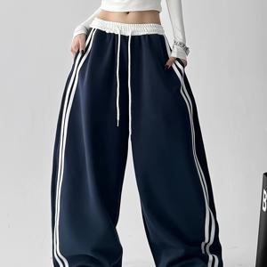 TEMU 여성 캐주얼 컬러 블록 팬츠, 사이드 패치워크 와이드 레그 팬츠, 착용하기에 적합