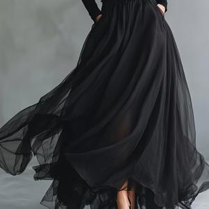 TEMU 블랙 하이웨이스트 레트로 여성용 롱 드레스, 우아하고 하늘 나는 롱 스커트, 키높이, 출퇴근, 데이트, 저녁 식사, 레트로 우아한 다용도 스커트에 적합