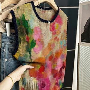 TEMU 우아한 플로럴 프린트 타이 다이 베스트 | 여성용 캐주얼 및 다용도 크루넥 민소매, 컬러 블록 디테일, 카키색