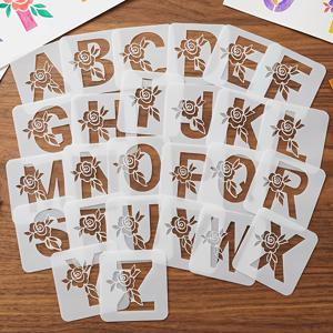 TEMU 26개 플로럴 A-Z 대형 알파벳 템플릿 | 재사용 가능한 플라스틱 장미 레터 스텐실, 공예용 예술적인 플로럴 레터 드로잉 템플릿, 벽, 가구, 베개, 티셔츠, 조각, 유리컵, 냅킨, 매트 및 지갑에 적합, 크리미 컬러