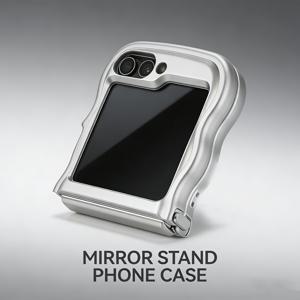 TEMU 휴대폰 케이스 - 물결 모양의 메탈릭 메이크업 거울 스탠드, 휴대폰 케이스로 접을 수 있음, 갤럭시 Z 플립3 5G, 갤럭시 Z 플립4 5G, 갤럭시 Z 플립5 5G, 갤럭시 Z 플립6 5G, 그리고 갤럭시 Z 플립7 5G와 호환