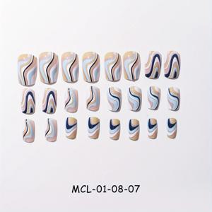 TEMU 손톱에 24pcs 블루 프레스 스퀘어 가짜 손톱 봄 여름 블루 화이트 스트라이프 웨이브 디자인 짧은 전체 커버 손톱 여성을위한 손톱에 스틱