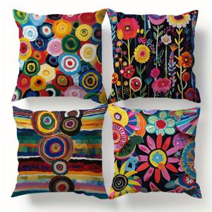 TEMU 홈 데코용 4피스 체크 패치워크 만다라 꽃 복숭아 피부 벨벳 베개 커버