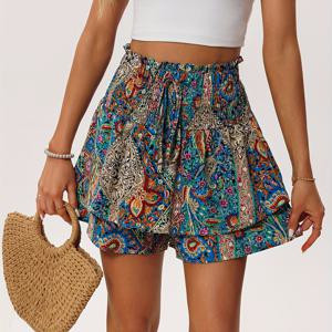 TEMU 여성용 여름 패션 휴가용 플로랄 프린트 끈 조절 허리 반바지, 이중 레이어 러플 밑단, 가벼운 폴리에스터, 세탁기 사용 가능, 캐주얼 여름 착용|플로랄 프린트 반바지|생생한 패턴 디자인