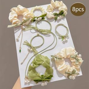 TEMU 리리 오브 더 밸리 꽃 머리끈 5개/8개 포니테일 홀더 탄성 머리띠 탄성 머리끈 머리 고리 머리 액세서리 얇은 머리용 여성용 머리끈