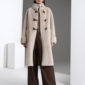 TEMU 가을/겨울 코트, 뿔 버튼 밍크 코트, 연한 살구색, 롱 밍크 코트, 초보온, 패셔너블, 우아한, 롱 기장, 다용도