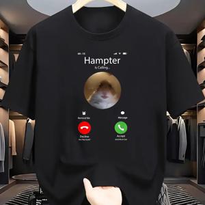 TEMU 남성 캐주얼 크루넥 티셔츠, 콜 스크린 햄스터 그래픽, 100% 폴리에스테르, 기하학적 패턴, 레귤러핏 반팔 니트 상의, 데일리 및 외출용 - 약간의 스트레치, 여름 착용