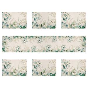 TEMU 7피스 봄 테이블 러너 + 6피스 플레이스매트 세트, 오프화이트 유칼립투스 잎 그린 테이블 러너, 봄 여름 시즌 버랩 테이블 러너, 다이닝 테이블 장식용 데코