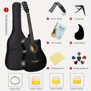 TEMU 이 어쿠스틱 기타 세트는 초보자에게 이상적이며, 무광 블랙 엔드가 특징입니다. 내구성이 뛰어난 케이스, 스트랩, 튜너, 피크, 커버, 스트링, 클리닝 천이 함께 제공됩니다. 래미네이트 넥과 ABS 브릿지로 구성되어 있으며, 연주를 배우기에 완벽합니다.