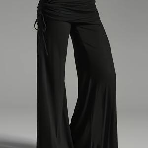 TEMU 플리츠 웨이스트 와이드 레그 팬츠, 캐주얼 솔리드 컬러 드로스트링 루즈 팬츠, 봄/여름, 여성 의류