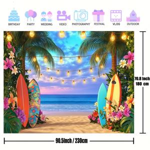 TEMU 2D 플랫, 1개 대형 하와이 비치 배경 (서핑보드, 야자수, 터키석 바다 & 히비스커스 포함) - 하와이안 루아우, 웨딩, 생일 파티 장식용 트로피컬 포토 배경 - 생동감 넘치는 터키석 & 선셋 디자인, 스트링 효과 - 실내/야외 이벤트용 전문 스튜디오 소품 - 접착 스트립 포함으로 간편한 설치 - 테마 포토 촬영 및 기타 행사에 완벽
