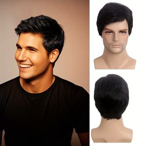 TEMU 남성용 짧은 검은색 가발, 레이어드 웨이브 디자인, 코스프레 및 할로윈에 적합. 이 합성 가발은 내열성이 뛰어나고 길이는 8인치입니다.