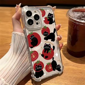TEMU 귀여운 만화 토마토 블랙 고양이 폰 케이스, 아이폰 16 15 14 11 프로 맥스 X XR XSMAX 8 7 플러스에 적합, 충격 방지 투명한 소프트 백 커버.