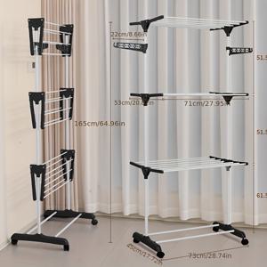 TEMU 바퀴 달린 4단 조절 가능한 접이식 스테인리스 옷 건조대 - 공간 절약형 실내/외부 세탁물 정리대, 셔츠·청바지·양말 및 액세서리를 위한 멀티 바 디자인, 내구성 있는 금속 수납 선반, 세탁실용품