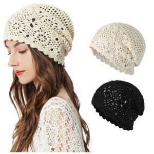 TEMU 여성용 코바늘 뜨개질 슬라우치 비니 모자 2개, 핸드메이드 모자, 여름 겨울용, 부드럽고 편안한 플로럴 스컬캡