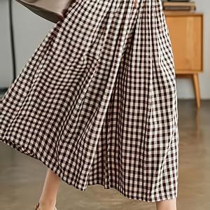 TEMU 하이웨이스트 새로운 커피색 격자무늬 와이드핏 팬츠 스커트, 루즈핏 캐주얼 팬츠, 엘레강스