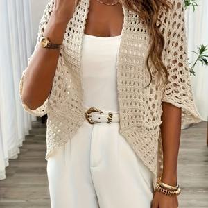 TEMU 여름 수영복, 홀 메쉬 크로셰 비키니, 여성 비치웨어 가디건, 통기성 커버업