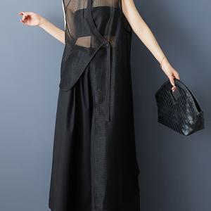 TEMU 일본 방향성 불규칙 디자인 민소매 드레스와 시스루 메쉬 블랙 셔츠 스커트