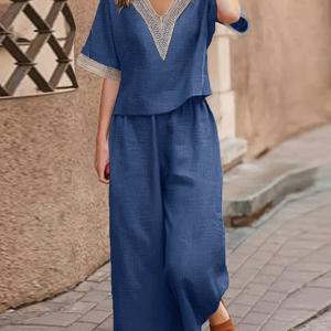 TEMU V넥 솔리드 컬러 레이스 탑 + 밴딩 와이드 팬츠