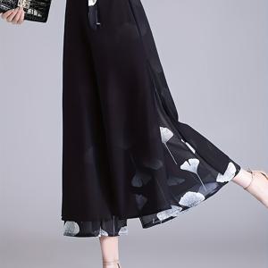 TEMU 가볍고 통기성 좋은 이중 레이어 포지셔닝 플라워 루즈 시폰 와이드 레그 팬츠 여성 여름 나인 포인트 팬츠 탄성 허리