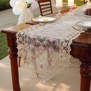 TEMU 1개 화이트 패브릭 핑크 플로럴 자수 워터솔루블 레이스 에징, 홈 주방 식탁 장식 벽장 침대 옆 테이블 신발장 화장대 테이블보 플레이스매트, 휴일 파티 야외 피크닉 장식 웨딩 선물