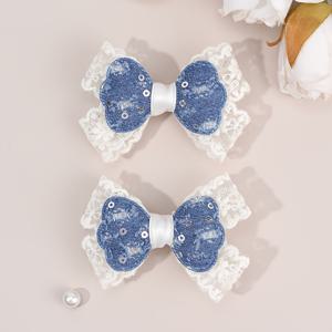 TEMU 우아한 글리터 데님 & 레이스 헤어 보우 클립 2개 세트 - 땋은 머리, 포니테일, 무도회, 결혼식, 생일, 댄스 파티용 화이트 머리핀 - 헤어 액세서리 선물