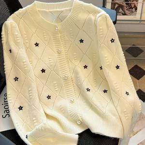 TEMU 여성용 베이지 케이블 카디건 - 별 자수, 긴 소매, 버튼업, 캐주얼 스타일, 올 시즌 착용, 캐주얼 착용 카디건 | 별 자수 카디건 | 버튼업 카디건