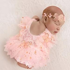 TEMU 2개 세트 신생아 사진 촬영용 나비 반짝이 별 장식 진주 헤어밴드 포함 여아 롬퍼