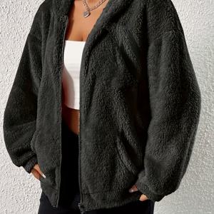 TEMU 플러스 사이즈, 가을 겨울 신상 솔리드 컬러 플러시 코트 후드 루즈핏 솔리드 컬러 지퍼 긴팔 따뜻한 여성용 코트
